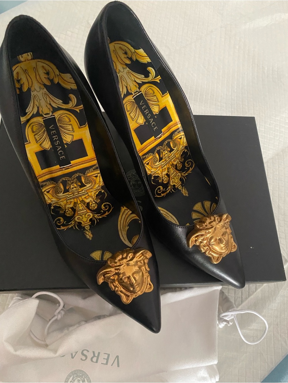 Versace Black Leather Pointed Toe Pumps with Gold Medusa Accent